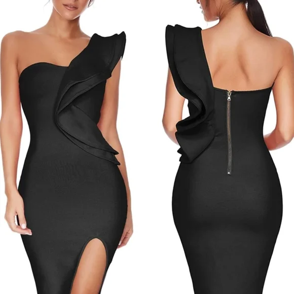 Chic One-Shoulder Black Ruffle Bodycon Dress - Picture 3 of 12